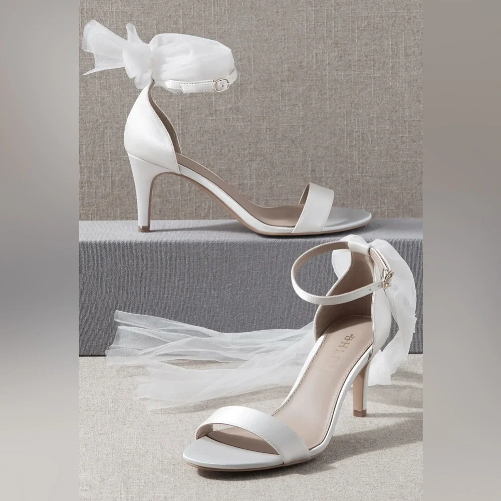 BHLDN White Satin Bow Ankle Strap Heels